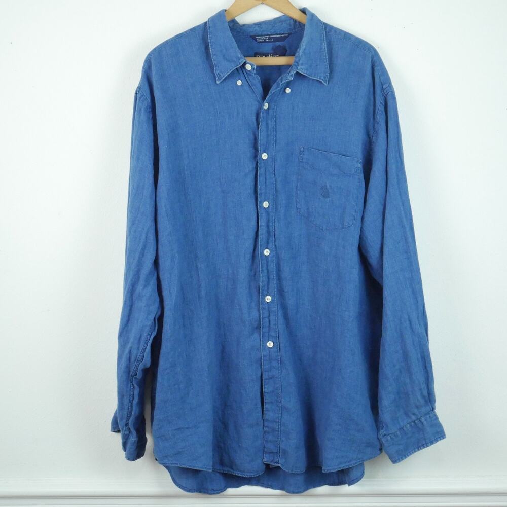 Vintage Nautica XXL Button Front Shirt 100% Linen Blue Preppy Nautical Logo 90s